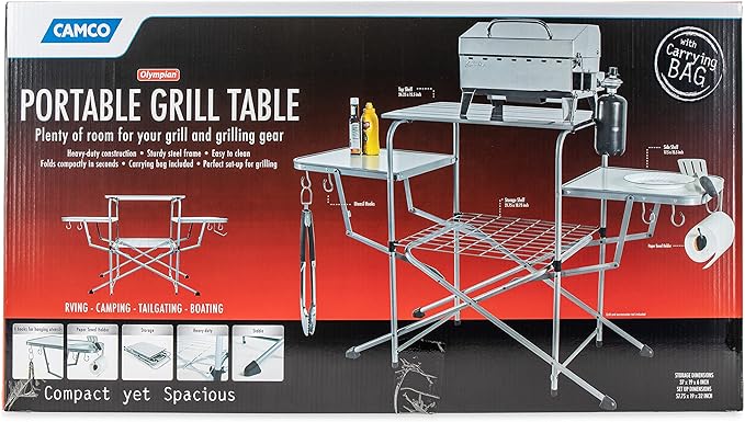 Camco Olympian Deluxe Portable Grill Table - Provides Plenty of Room for Grilling Gear While Camping - Folding Grilling Table Collapses for Compact Storage - Supports Up to 100lb (57293)