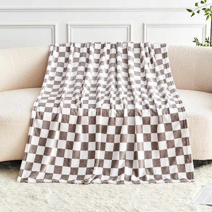 Edenleaf Light Grey Checkered Blanket, Ultra Soft Fluffy Fleece - Checkered Grid Print Throws for Couch Sofa Bed, Cozy Luxury Throw Blanket for All Seasons, 50x60 Inch, Cashmere Smoke