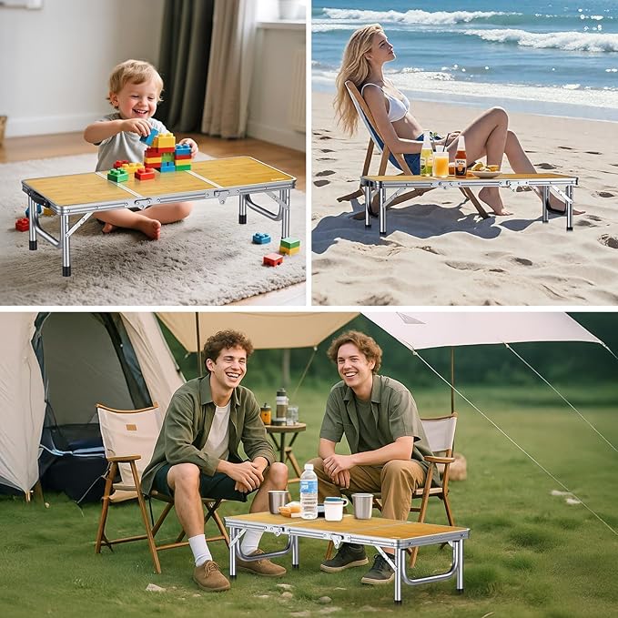 Anbte 34.2" x 15.7" Low Folding Picnic Table, 10.3" Height Thicker Aluminum Small Camping Table with Storage Bag, Portable Handle, Lightweight, for Camping Beach Party Picnic Floor, Yellow