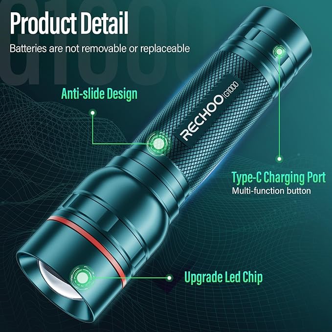 RECHOO Rechargeable Flashlight 2 Pack, Bright Military Grade Torch Light High Lumens with Adjustable Focus & 3 Lighting Modes, Lightweight Waterproof Led Flashlight for Camping Home, Teal Blue