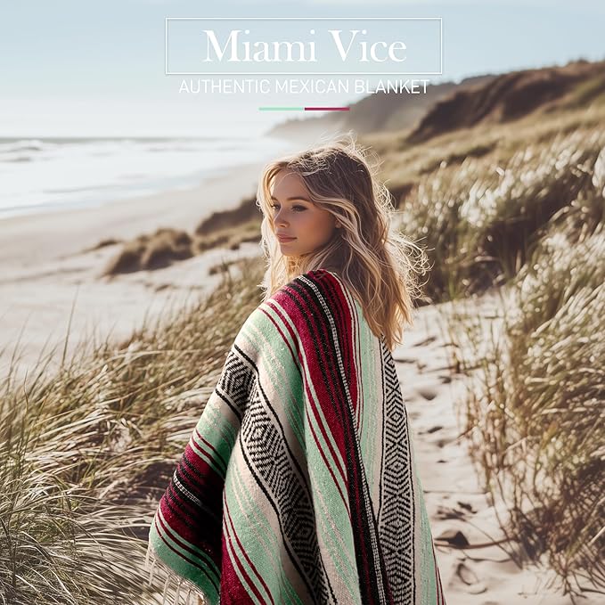 Hydration Nation Authentic Large Handwoven Mexican Blanket - Soft Yoga- Durable Serape- Lightweight Falsa, Beach, Camping, Picnic, Outdoor Blanket 70"x50" - Miami Vice
