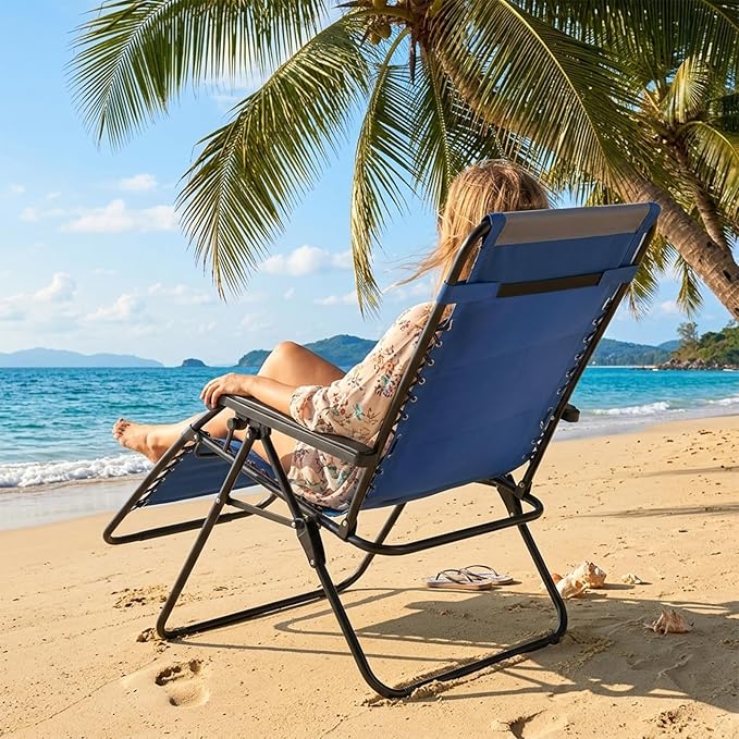 Sweetcrispy Zero Gravity Chairs, Foldable Patio Reclining Chairs with Adjustable Pillow & Cup Holder, Oversized Portable Support 400 lbs, for Backyard Camping(Blue-Gray)