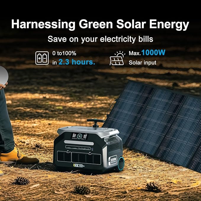 IEE 3200W Solar Generator P3200 with 2x500W Solar Panel, 2048Wh Portable Power Station, 1800W AC Charging, AC Outlets x 4, LiFePO4 Battery Power Station for Home Backup, Camping, RV, Emergency