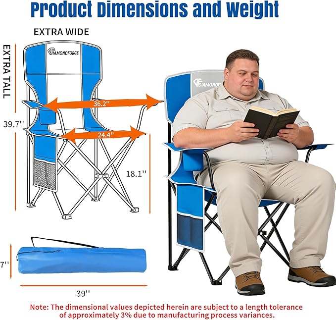 DIAMONDFORGE High Back Camping Chair for Adult, Portable Folding Camp Chair, Outdoor Camping Chair with Wide Cup Holder, Side Pocket for Hiking Fishing Sports (500LBS Oversized/300LBS Breathable Mesh)