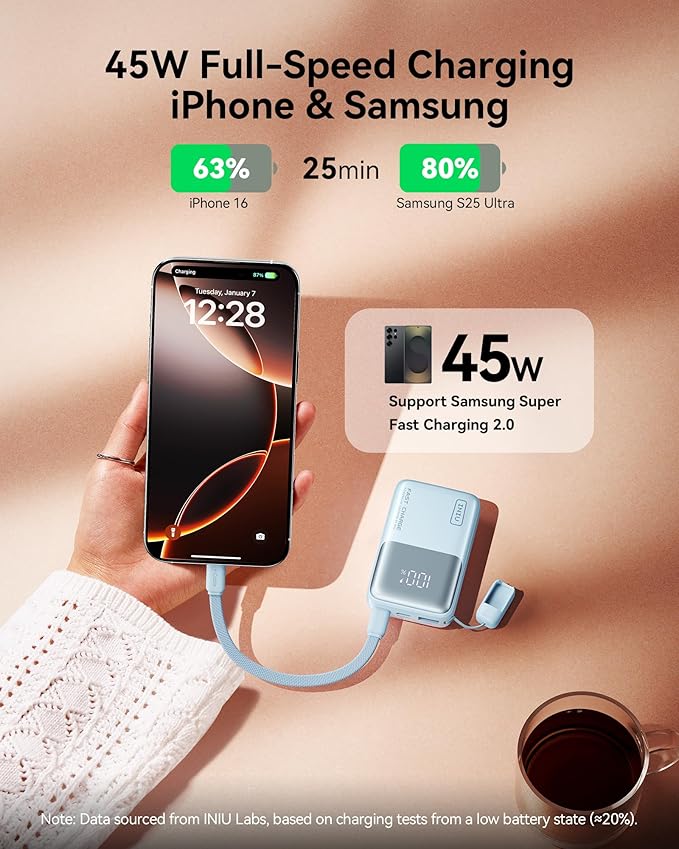 INIU Pocket Size Portable Charger, Ultra Small 10000mAh 45W PD Power Bank, Fast Charging Battery Pack, Travel Essentials Powerbank for iPhone 17 16 Pro Air, Xiaomi 17 Pro Max 16 15 14, S24 etc