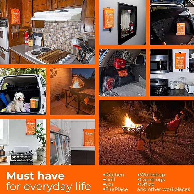 Fire Blanket -Certified 1500F Extra Thick, Glow In The Dark Fireproof Emergency Supplies. 500gsm, 0.5mm Thick Fire Blankets Emergency For Home. 5pc Fire Safety Emergency Blanket 40"x40" By Supa Ant