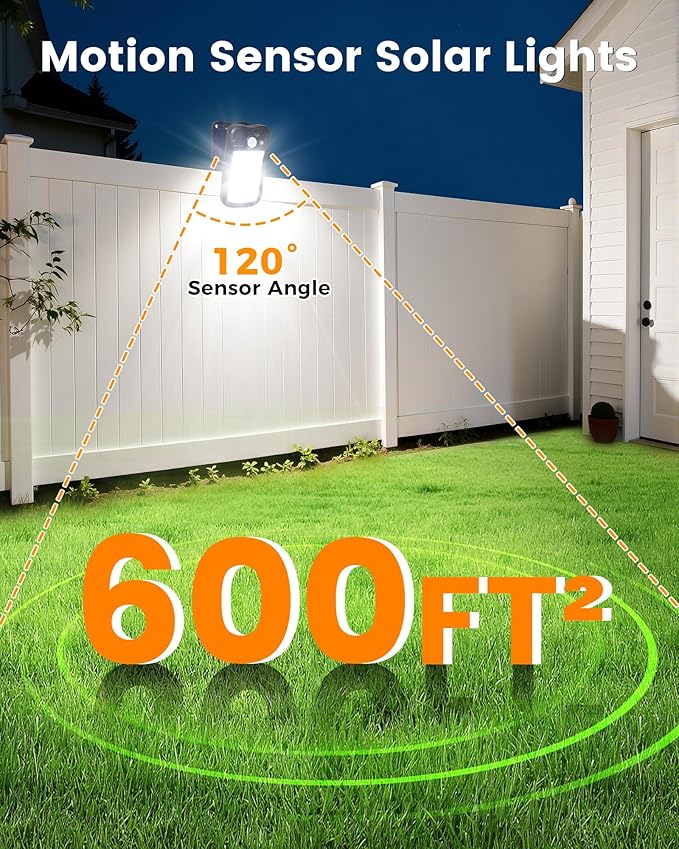 Clip on Solar Lights for Fence, 3 Modes Solar Motion Lights Outdoor Waterproof, 60LEDs 500LM Portable Security Light for Fence, Deck, Garage, Camping, USB Charging, 2 Black