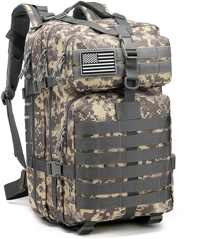 Tactical Backpack for Men, 45L Military Gym Backpacks, Large 3-Day Assault Pack Bug Out Bag MOLLE Daypack for Rucking Fishing Camping (Grey Camo)