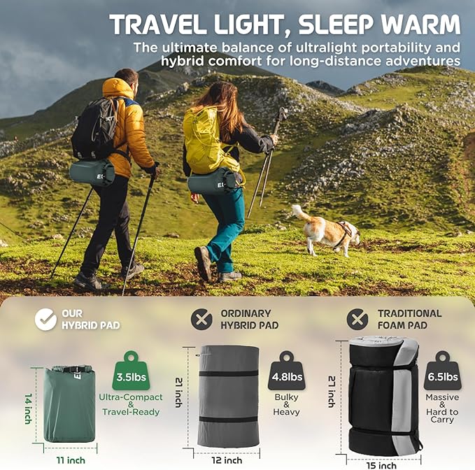 Elegear Air & Foam Self-Inflating Sleeping Pad, CumbreX™ 4" Ultra-Thick Memory Foam Camping Mattress Pad with Air Pump, Compact R-Value 9.5 4-Season Camp Mat for Travel Outdoor - Single Army Green