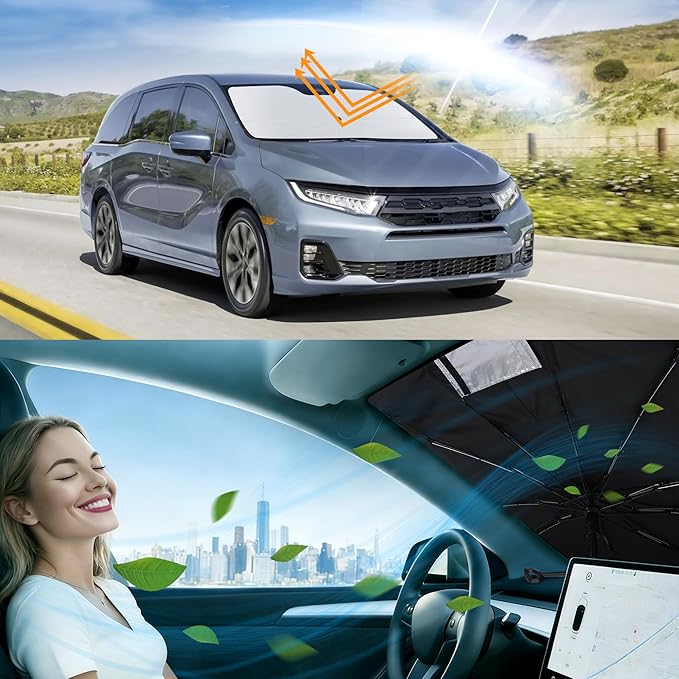 Windshield Sun Shade Umbrella Custome Fit 2018-2024 2025 2026 Honda Odyssey Accessories LX,EX,EX-L,Touring,Elite Minivan Foldable Window Sunshade Protector Blocks Sun Rays & Heat