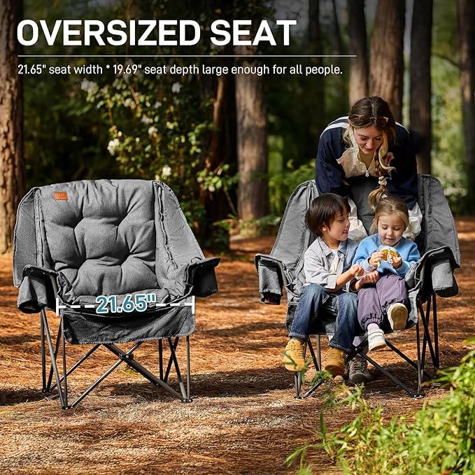 EVER ADVANCED 2 Set Camping Chair with Detachable Cushion, Mesh Chair for Adults Foldable, Oversized Heavy Duty Folding Chair with Cooler Mesh Pocket Cupholder Outdoor Fishing, Supports 400LBS Grey