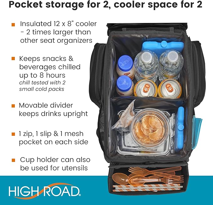 High Road CarHop Car Caddy Organizer with Road Trip Cooler, Car Cup Holder Bin, Sturdy Snack and Play Lid and 6 Organization and Storage Pockets