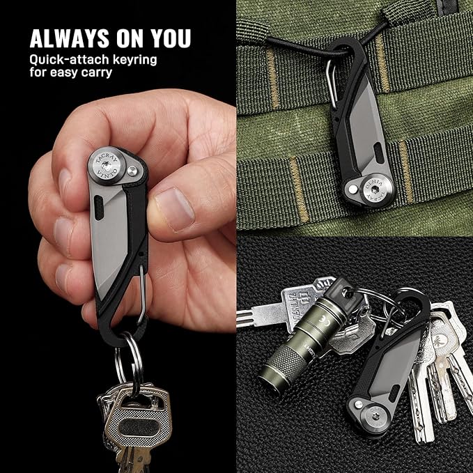 TACRAY Vinto 5-in-1 Small Pocket Knife – Ultra-Light Compact Multitool with Utility Knife, Seatbelt Cutter, Bottle Opener, Flathead Screwdriver & Keyring Attachment for Everyday Carry (Black)