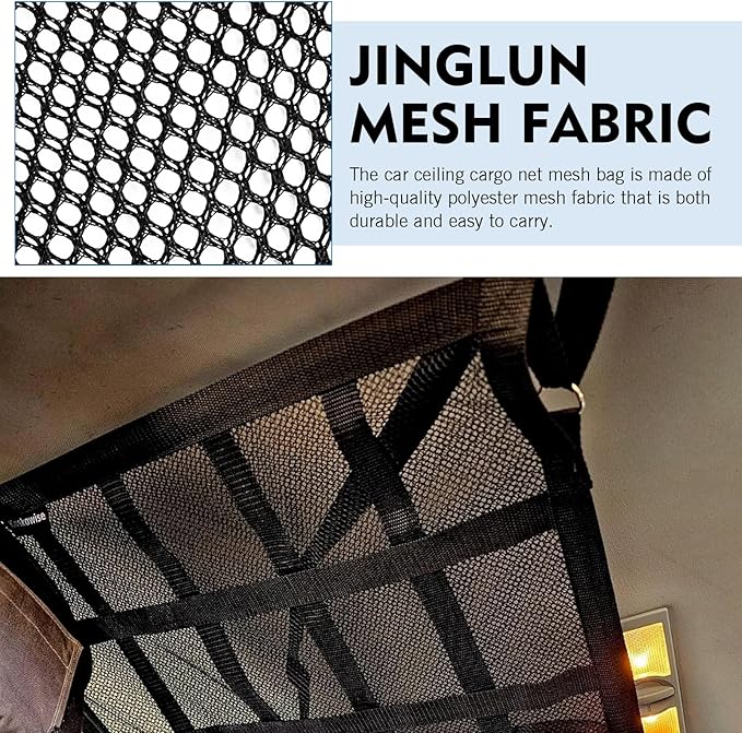 WZP Car Ceiling Cargo Net, 31.5" x 21.6" Double-Layer Mesh Car Roof Storage Ceiling Cargo Net with Adjustable D-Buckle, Universal Auto Accessories for SUVs, Road Trips, Camping Essentials