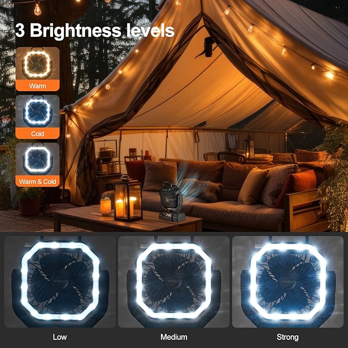 Odoland Portable Camping Fan with LED Lantern, 20000mAh Rechargeable Battery Powered Fan with Auto Oscillation, Timer, Remote, 360° Rotation Hook, 4 Speeds for Power Outage Travel Home,Black