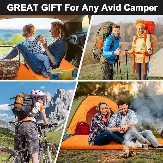 Camping Sleeping Pad, Ultralight Waterproof Inflatable Sleeping Mat with Inflation Bag, Lightweight Portable Compact Air Mattress for Outdoor Backpacking Hiking Traveling Tent Use (Single, Orange)