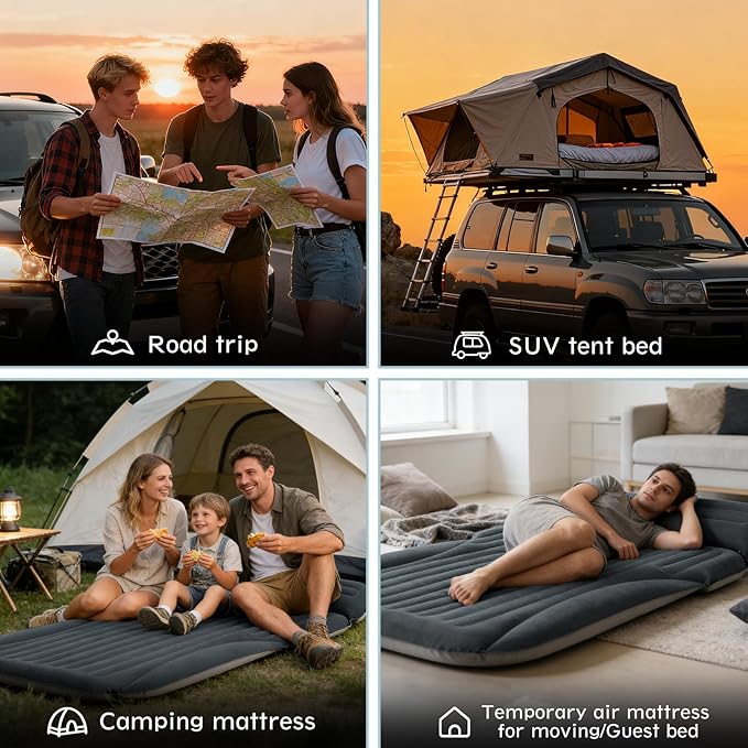Ciremiv SUV Air Mattress, Double-Sided Thick Flocked Car Air Mattress with Built-in Pump & Pillow, Complete Sleeping Accessories for Auto Camping & Road Trips（Dark Gray）