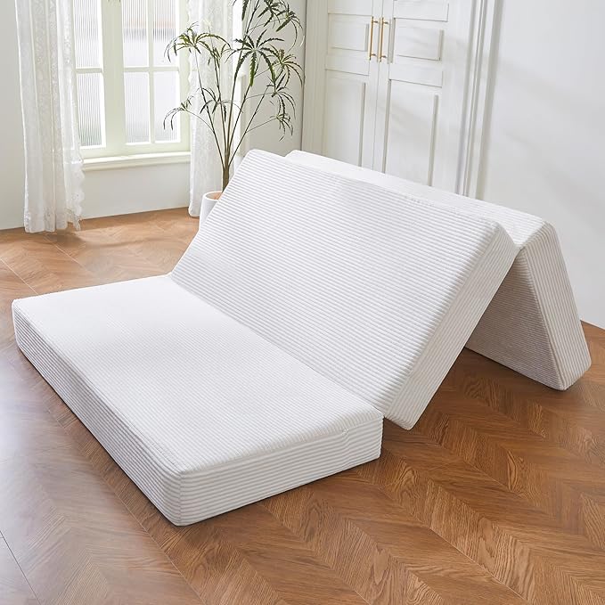 BYBYME Tri-Folding Corduroy Mattress, 6 Inches Gel Folding Mattress Topper, Foldable Soft Guest Bed Camping Pad, Washable Cover (Beige, Twin)