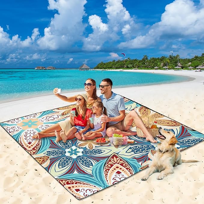 HIHOHO Beach Blanket Waterproof Sandproof Beach Mat for 1-8 Adults Quick Drying Durable Outdoor Picnic Mat for Beach Festival Travel Camping Hiking (Flourishing Blossom-R&GN, 79"×83"(4 Person))