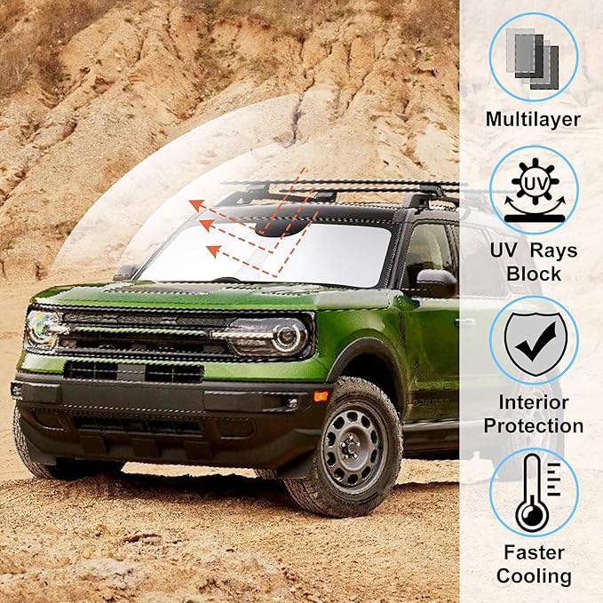 Windshield Sun Shade Custom Fit 2021 2022 2023 2024 2025 2026 Ford Bronco Sport Accessories Foldable Sunshade Sun Blocker Front Window Shades Covers Keep Car Cooler
