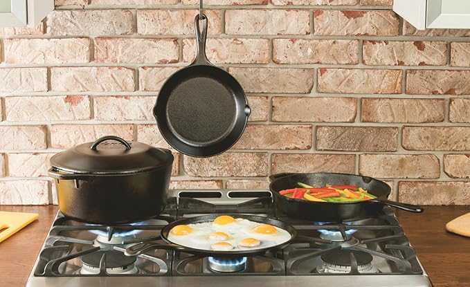 Lodge 7 Quart Pre-Seasoned Cast Iron Dutch Oven with Lid - Wire Bail Handle for Easy Transfer from Cooking Surface to Table - Use in the Oven, on the Stove, on the Grill or over the Campfire - Black