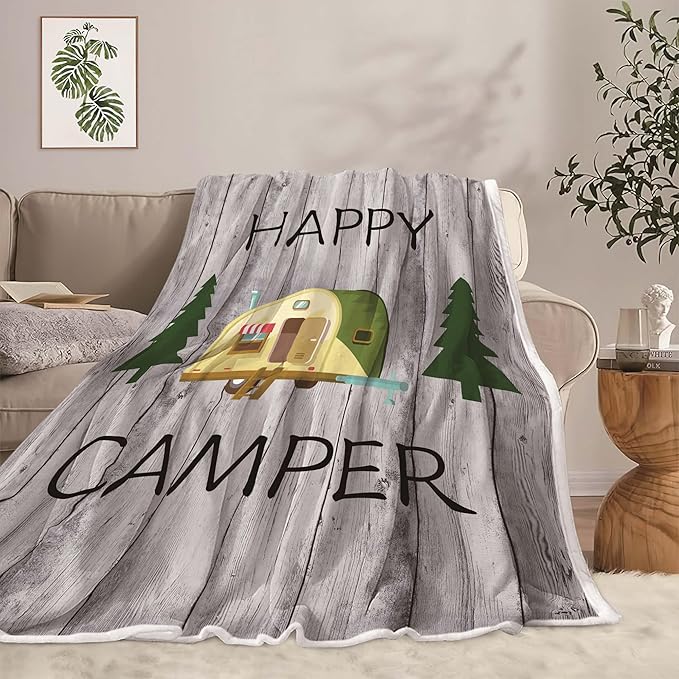 Camping Throw Blanket, Camping Gifts for Camper Outdoor Travel Trailer Blanket, Super Soft Comfy Fleece Flannel Throws Blankets for Couch Bed Sofa Living Room Bedroom Decor Grey 30x40 Inches