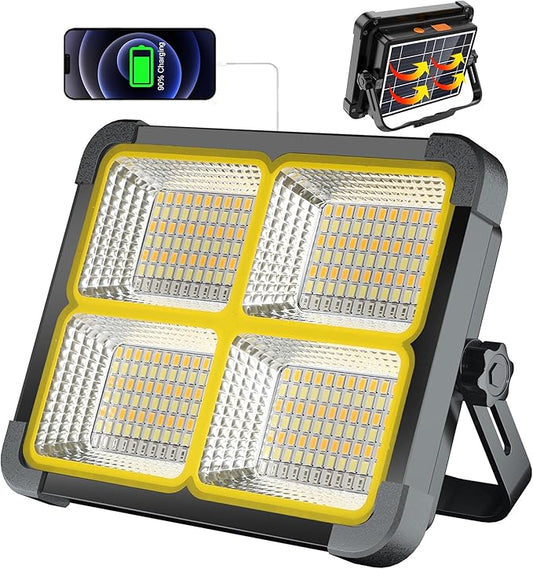 100W Rechargeable Work Light, 12000mAh Solar Work Lights, 336 LEDs Flood Light, 4 Lighting Modes& Stepless Dimming, Portable for Camping, Car Repair, Power Cut, Emergency