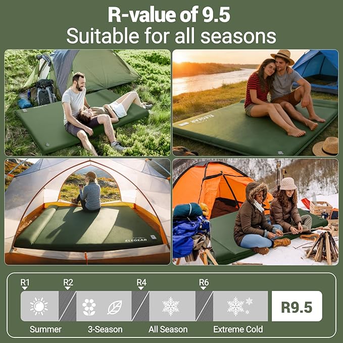 Elegear CumbreX™ Self Inflating Sleeping Pad, Built-in Electric Pump 3.15" Ultra-Thick Memory Foam Camping Mattress Pad with Pillow Double Sleeping Pad for Camping R-Value 9.5 Foam Camp Pad - Full