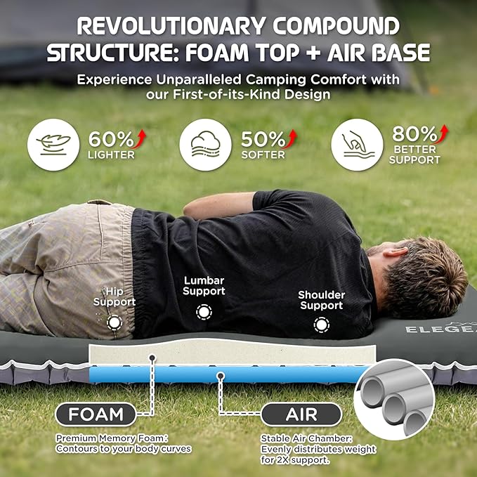 Elegear Air & Foam Self-Inflating Sleeping Pad, CumbreX™ 4" Ultra-Thick Memory Foam Camping Mattress Pad with Air Pump, Compact R-Value 9.5 4-Season Camp Mat for Travel Outdoor - Single Grey