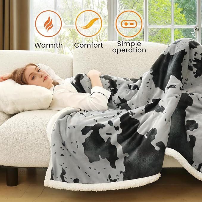Heated Blanket Throw Blanket - Fast Heating Electric Blanket, Soft Flannel Heated Throw with 4 Time Settings,10 Heating Settings, Warm Gifts for Women & Mom & Grandma(50"x60"Cow Print Grey)