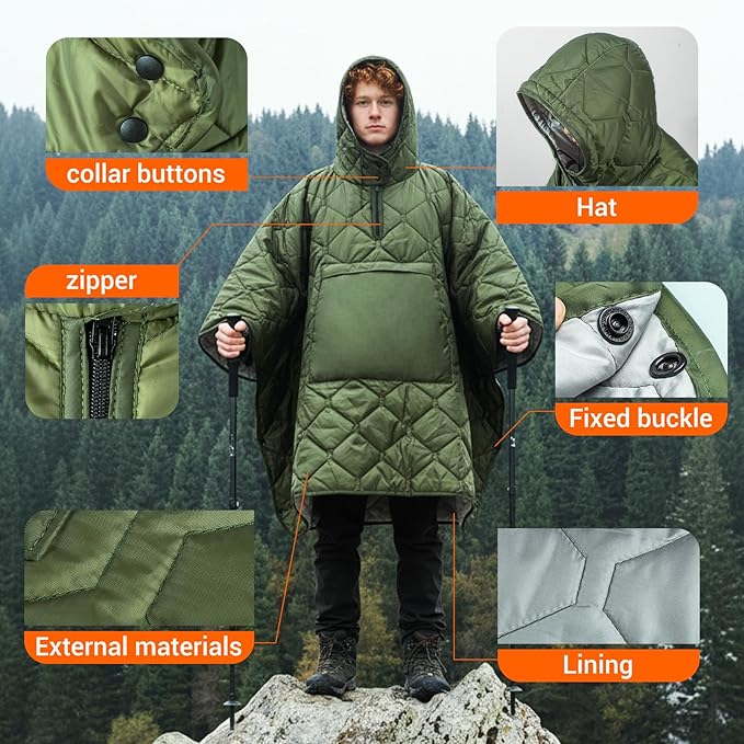FUNANASUN Hooded Camping Blanket Poncho, Stadium Woobie Blanket, Machine Washable/650FP Insulation, Ultralight & Packable, Fit Most Adult Sizes, Can Be Used as Shawl/Wearable Sleeping Bag/Cloak