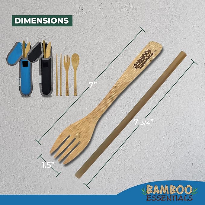 Travel Utensils with Case Set Fork, Knife, Spoon, Chopsticks, Straw, Straw-cleaning brush, Travel Pouch and Carabiner, Excellent For Everyday Use! ((2 Sets) Midnight Black/Sky Blue)
