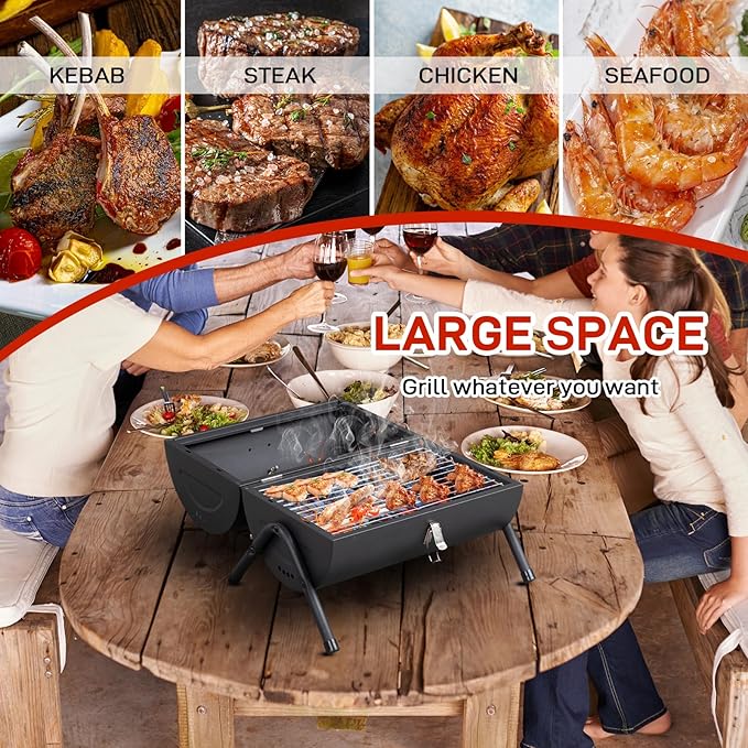 Outvita Portable Charcoal Grill, Tabletop Multi-functional Barbecue Smoker, Small BBQ Grill for Outdoor Cooking Camping Hiking Picnic Garden Beach Party