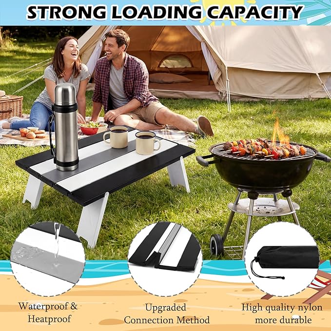 CroBlissful Beach Table Folding Camping Portable Table Striped White Aluminum Side with Carry Bag for Camping Picnics and Outdoor Activities (16x11x5 in,Gray)