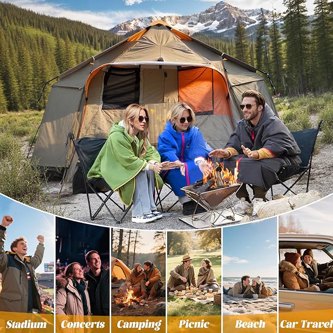 Camping Blanket Poncho, Large Wearable Blankets, 75 x 55 inch Cape, Windproof & Water-Repellent, Portable & Warm, for Outdoor, Sports, Travel, Car