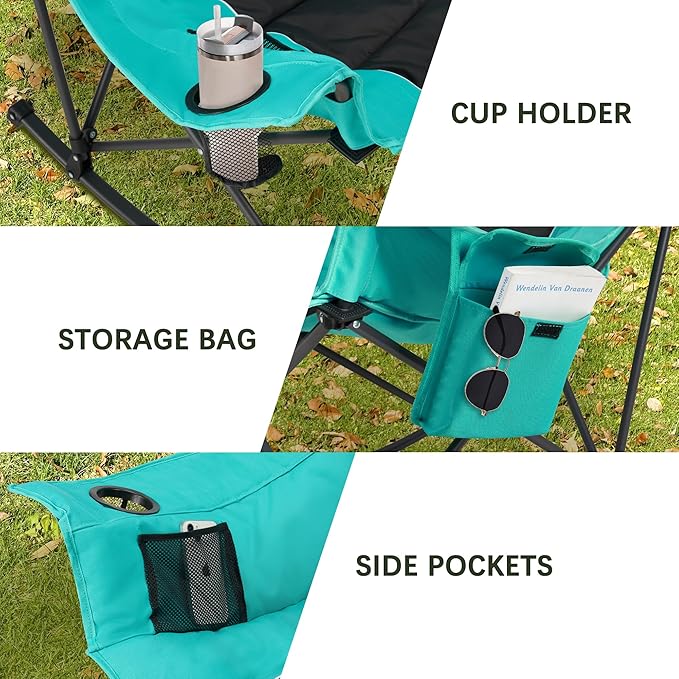 Unisakey Oversized Rocking Camping Chair with Headrest & Cup Holder - 400lbs Capacity, 600D Oxford Fabric, Easy Fold Portable Outdoor Rocker Chair for Camping, Backyard, Beach, Blackgreen