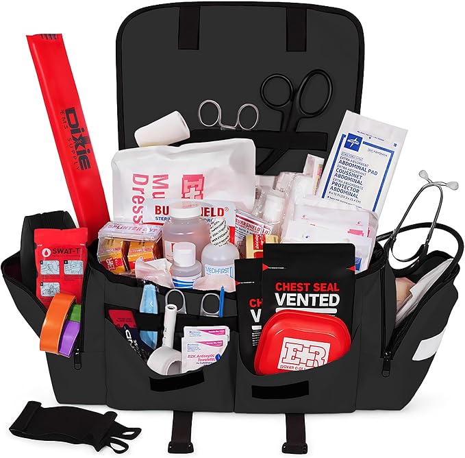 Fully Stocked Trauma Bag – Tactical First Responder Medical Kit with Tourniquet, Vented Chest Seals, Hemostatic Gauze, Trauma Shears, Bandages & Bleeding Control Supplies – Black