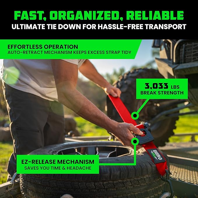 Rhino USA Retractable Ratchet Straps (4-Pack) - 2 Inch x 10 Feet (3,033lb Break Strength) - Heavy Duty Auto Self Retracting Tie Down Straps for Truck, Cargo Trailer, Motorcycle, Rad & More - Red
