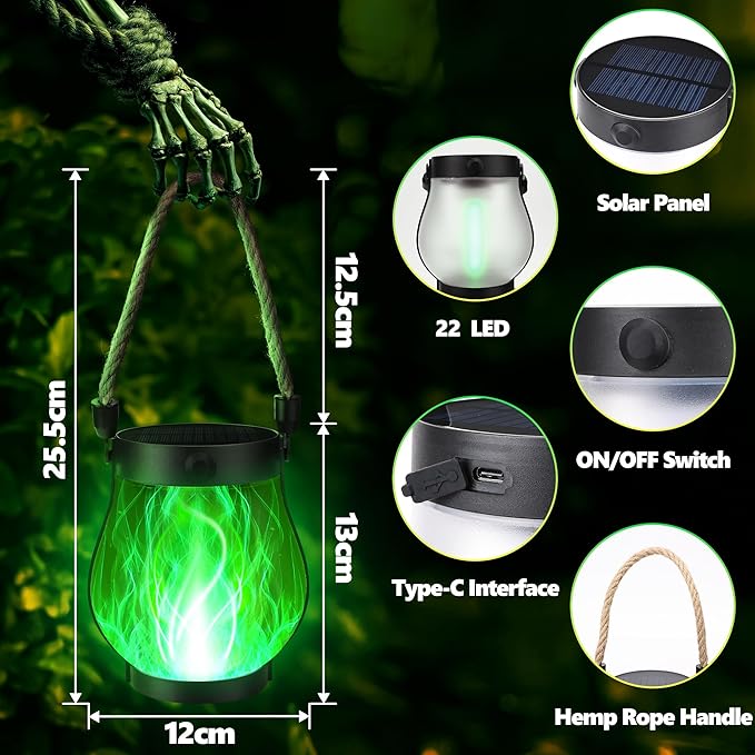 iBaycon 2 Pack Solar Lanterns Lights, Halloween Flickering Flame Garden Lights with 2 Modes Dual Charging USB & Solar, Outdoor Waterproof Hanging Lantern for Party Holiday Halloween Decor (Green)