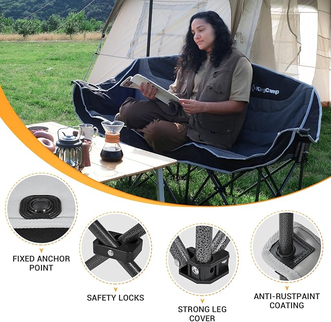 KingCamp 3 Person Camping Chair, Oversized 1100lbs Heavy Duty Loveseat for Adults Portable Folding XL 2 Person Couch Padded Comfortable Three Seat with Cup Holder for Outdoor Lawn Backyard, Black/Grey