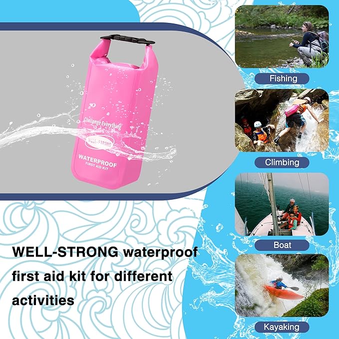 Boat First Aid Kit with Survival Tools, 123pcs Waterproof Emergency Marine Kit with Buckles, Compact Boat Safety Accessories for Fishing Kayaking Boating Camping Rafting Beach Pink