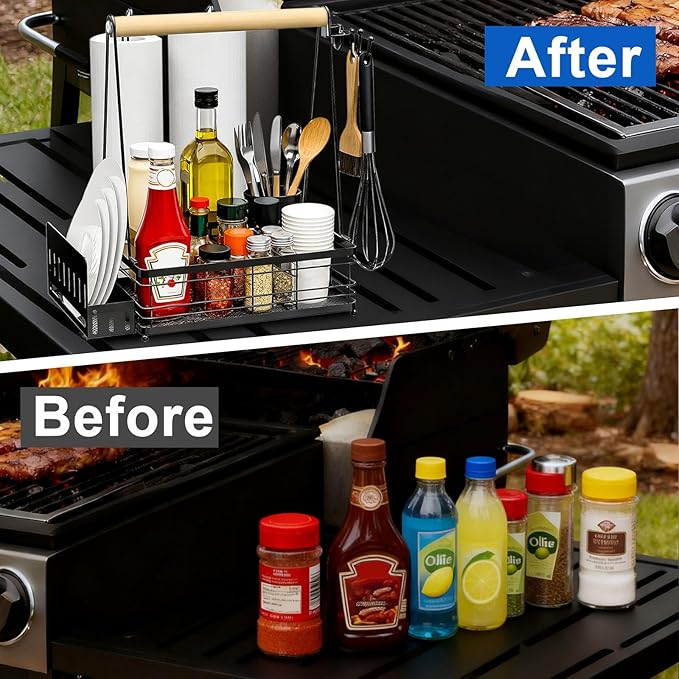 Grill Caddy with Plate Holder and 2Paper Towel Holder, Picnic BBQ Condiment Utensil Organizer Caddy for Outdoor Cooking, RV, Camping Essential, Camper Must Haves, Grilling Gifts for Men