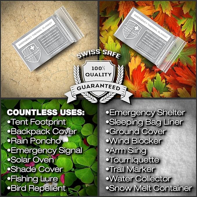 Swiss Safe XL Emergency Mylar Thermal Blankets + Bonus Space Blanket - Compact & Insulated for Cold Weather - Designed for NASA, Outdoor Camping, Survival, First Aid Car Kit - Silver, 10 Pack XL