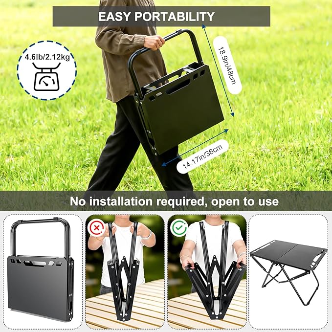 Tactical Camping Table, Collapsible Table Lightweight with Carry Bag, Durable Carbon Steel Outdoor Picnic Table for Camping, Travel expeditions, Hiking, Picnics, BBQs & Beach Trips - Black