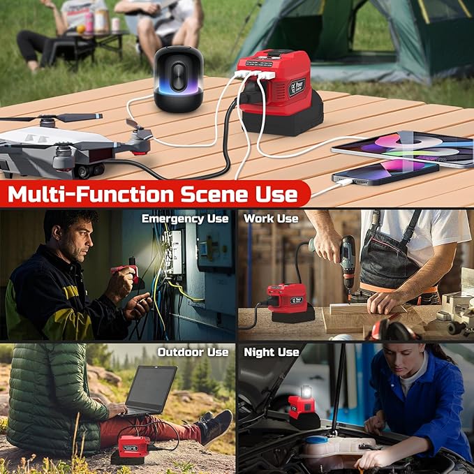 220W Power Inverter Compatible with Milwaukee 18V Battery, DC 18V to AC 110V Battery Inverter, Power Station Generator with 1 AC Outlet, 2 USB Ports & 1 Type-C Fast Charging, 400LM LED Work Light