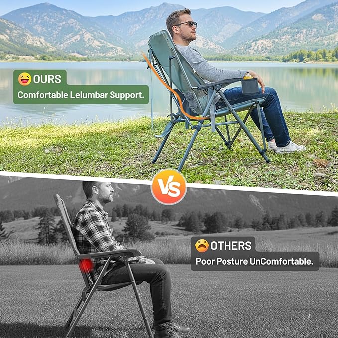 TIMBER RIDGE Oversized Camping Chair with Lumbar Support, Portable Folding Chair Heavy Duty for Adults Supports 450 LBS for Outdoor Camping, Lawn, with High Back, Cup Holder, Side Pocket - Grey, 2Pack
