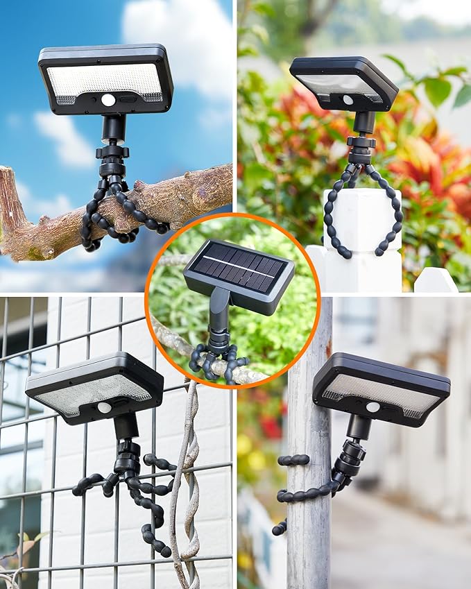Motion Sensor Outdoor Lights with Flexible Octopus Tripod - 600LM Solar Sercurity Lights Waterproof, Dual Charging Solar Ourdoor Light for Camping,Fence, Patio (2, Black(6000K)
