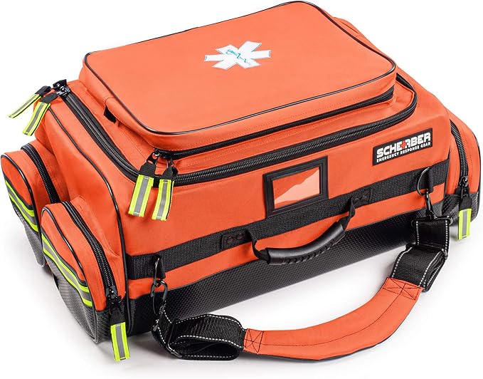 Scherber First Responder O2 Bag | Ultimate Professional EMT/EMS Trauma Oxygen Kit | Durable Reflective 600D Water Repellant Bag w/10+ Compartments, Zippered Pockets, Dividers & Padded Strap - Orange
