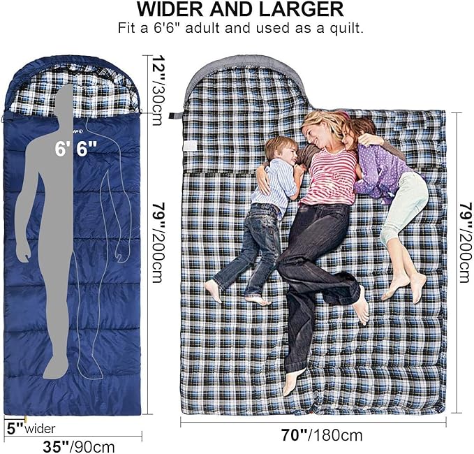 REDCAMP Flannel Sleeping Bag for Adults, Comfortable Cotton Sleeping Bags for Camping with Detachable Hood, Red/Grey/Blue/Black