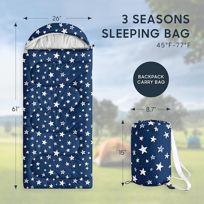 Wake In Cloud - Star Kids Sleeping Bag for Boys Girls Toddlers, Camping in Warm Cold Weather, Backpacking Lightweight Compact Outdoor Liner for 3 Seasons Summer Spring Fall